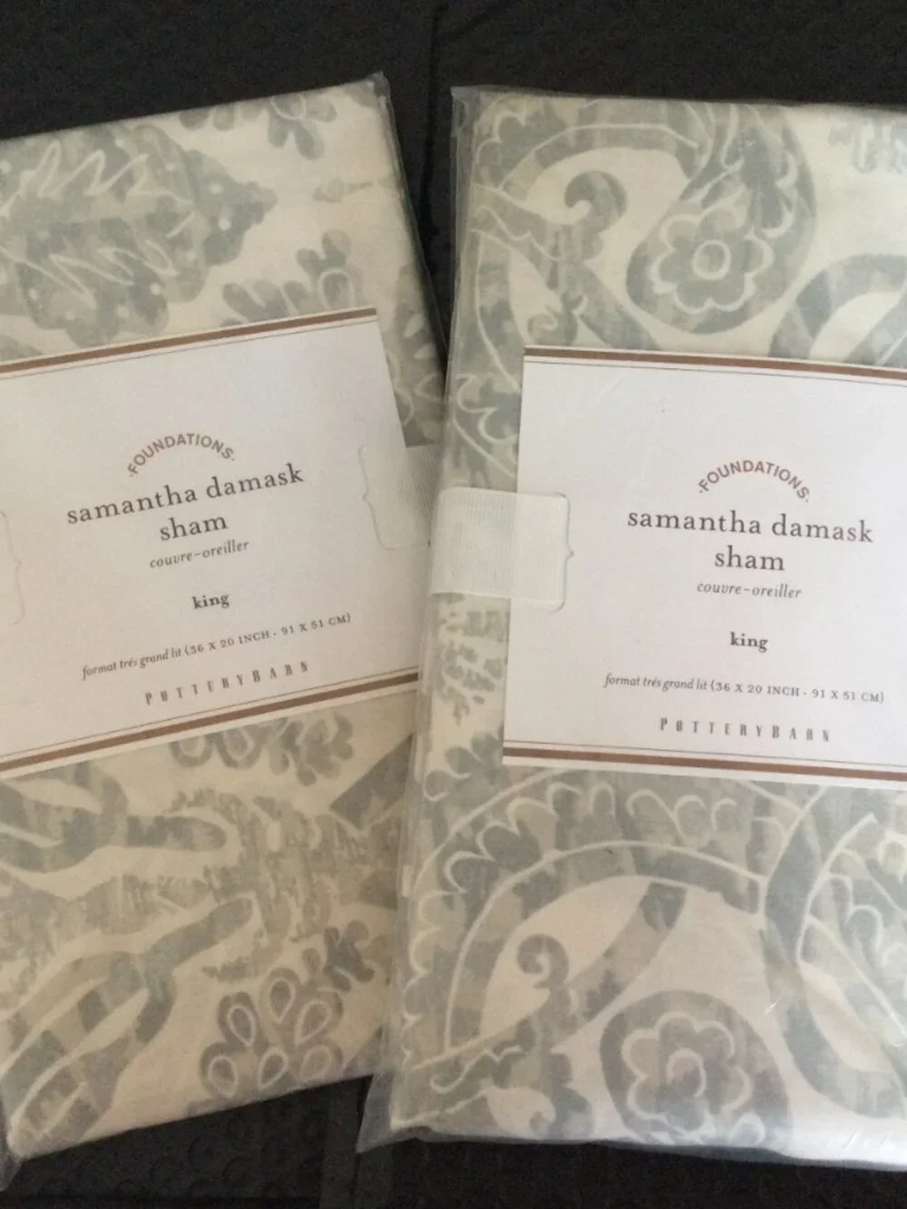 NEW Pottery Barn Foundations Samantha Damask King sham Set 2 Grey Ivory Cotton